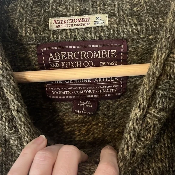 Vintage Abercrombie & Fitch 100% Shetland Wool Green Funnel Neck Sweater Sz L - Picture 5 of 8